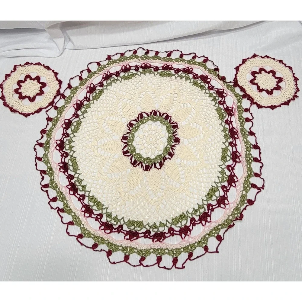 Doily Set 3pc Cream Burgundy Green Pink Floral Round Vintage Handmade Crochet